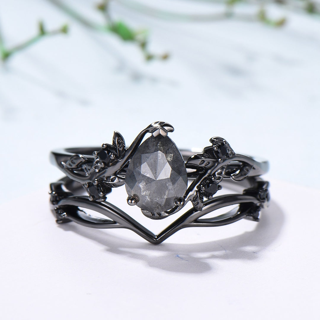 Elegant Black Gold salt pepper diamond engagement ring natural inspired pear shaped twig vine pepper diamond unique leaf vine bridal set - PENFINE