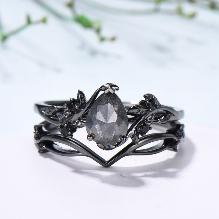 Elegant Black Gold salt pepper diamond engagement ring natural inspired pear shaped twig vine pepper diamond unique leaf vine bridal set - PENFINE