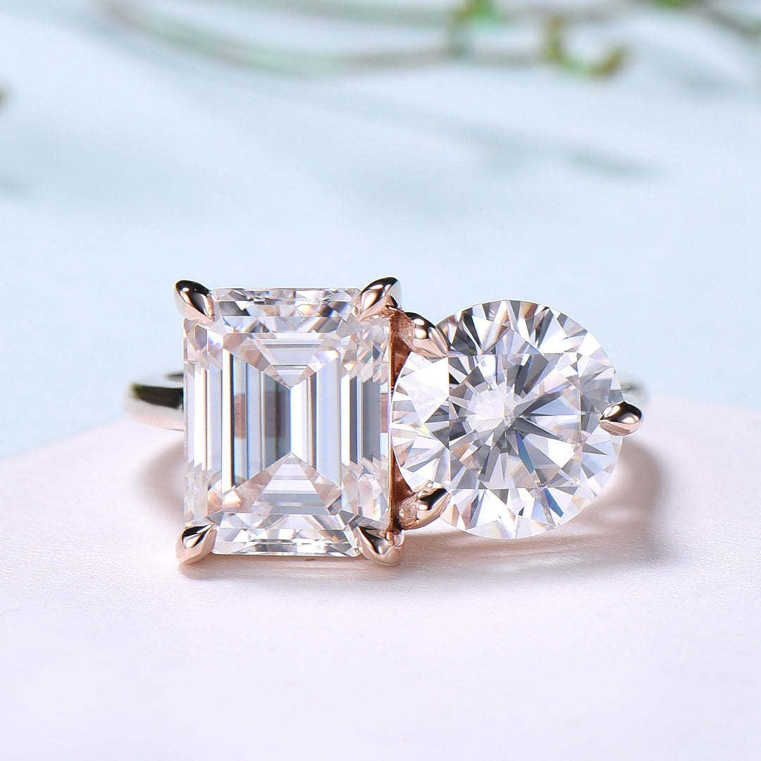 Two stone moissanite engagement ring 14k rose gold emerald round moisaanite plain rose gold wedding ring minimalist anniversary bridal gifts - PENFINE