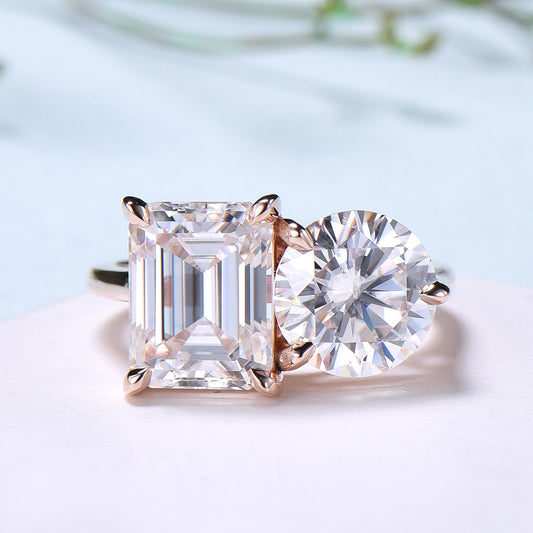 Two stone moissanite engagement ring 14k rose gold emerald round moisaanite plain rose gold wedding ring minimalist anniversary bridal gifts - PENFINE