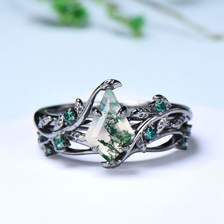 Unique black gold moss agate ring set Nature Inspired kite cut green agate engagement ring cluster emerald eye wedding ring set for women - PENFINE