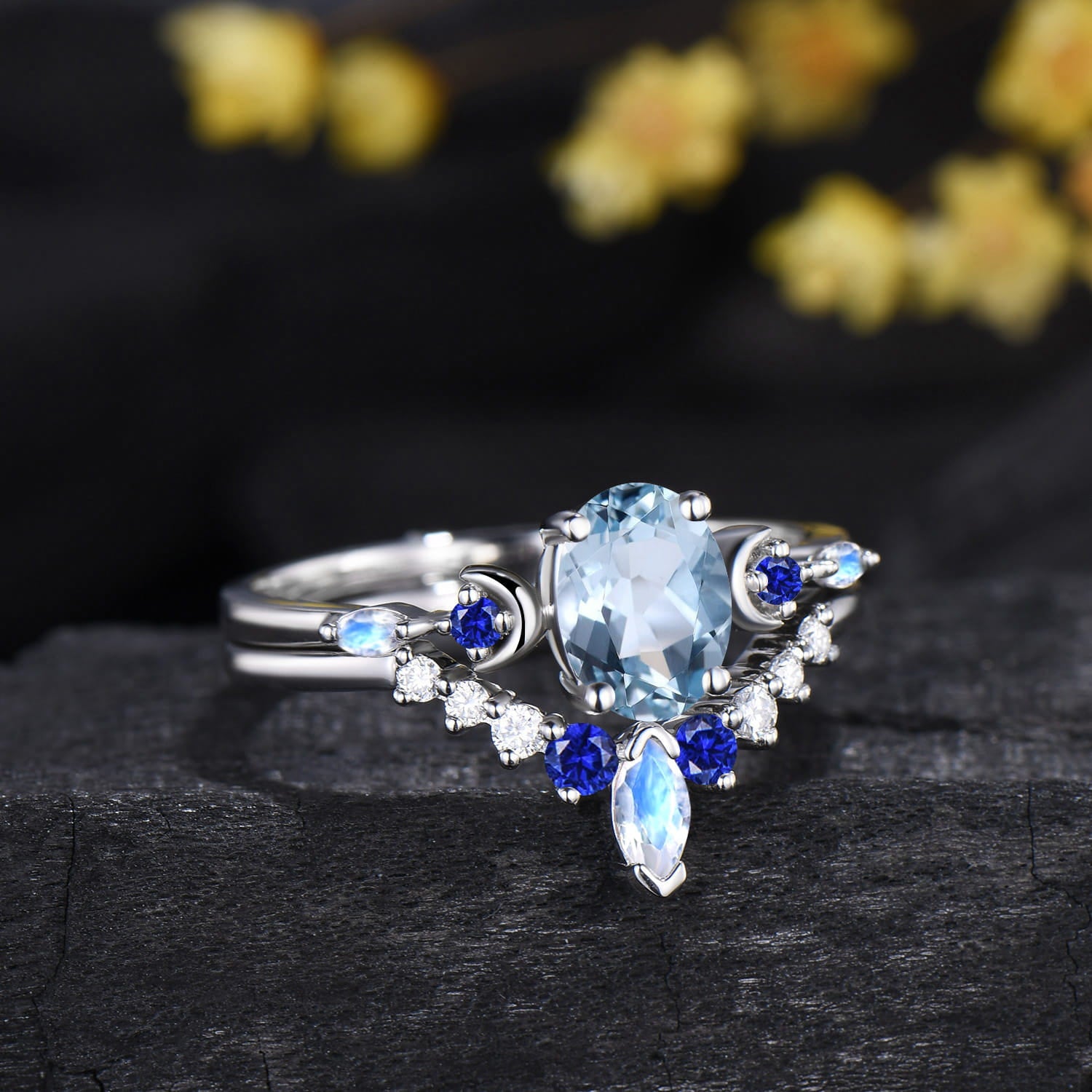 Oval Cut Natural Aquamarine Moon Celestial Ring Set Sapphire Moonstone White Gold Matching Band