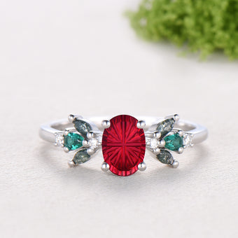Oval Shaped Fantasy Cut Ruby Cluster Engagement Ring Green Moss Agate Emerald Accent Ring