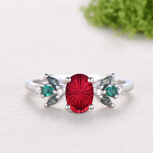 Oval Shaped Fantasy Cut Ruby Cluster Engagement Ring Green Moss Agate Emerald Accent Ring