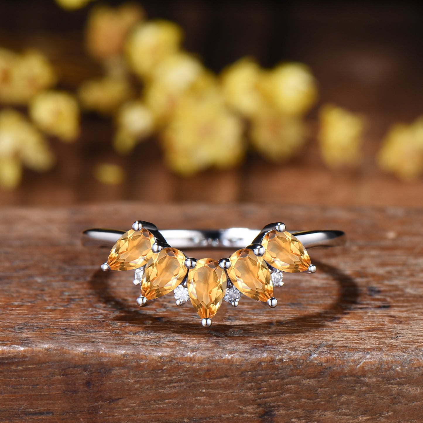 Vintage Yellow Citrine Wedding Ring, Five Stone Curved Stacking Band, 14K Rose Gold Anniversary Gift Women November Birthday Gift for Mom