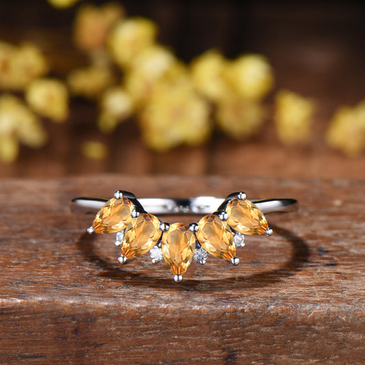 Vintage Yellow Citrine Wedding Ring, Five Stone Curved Stacking Band, 14K Rose Gold Anniversary Gift Women November Birthday Gift for Mom