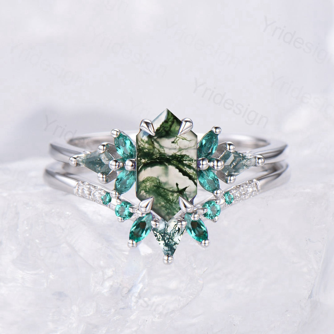 Hexagon Moss Agate Emerald Engagement Ring Set | Green Marquise & Curved Band - PENFINE