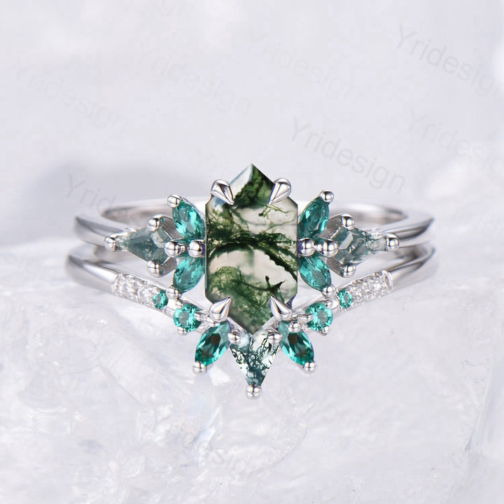 Hexagon Moss Agate Emerald Engagement Ring Set | Green Marquise & Curved Band - PENFINE
