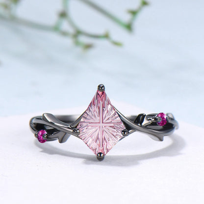Art Deco Kite Starburst Cut Padparadscha Engagement Ring Set, Black Gold Cluster Pink Touramaline Bridal Wedding Set Branch Leaf Vine Jewelry