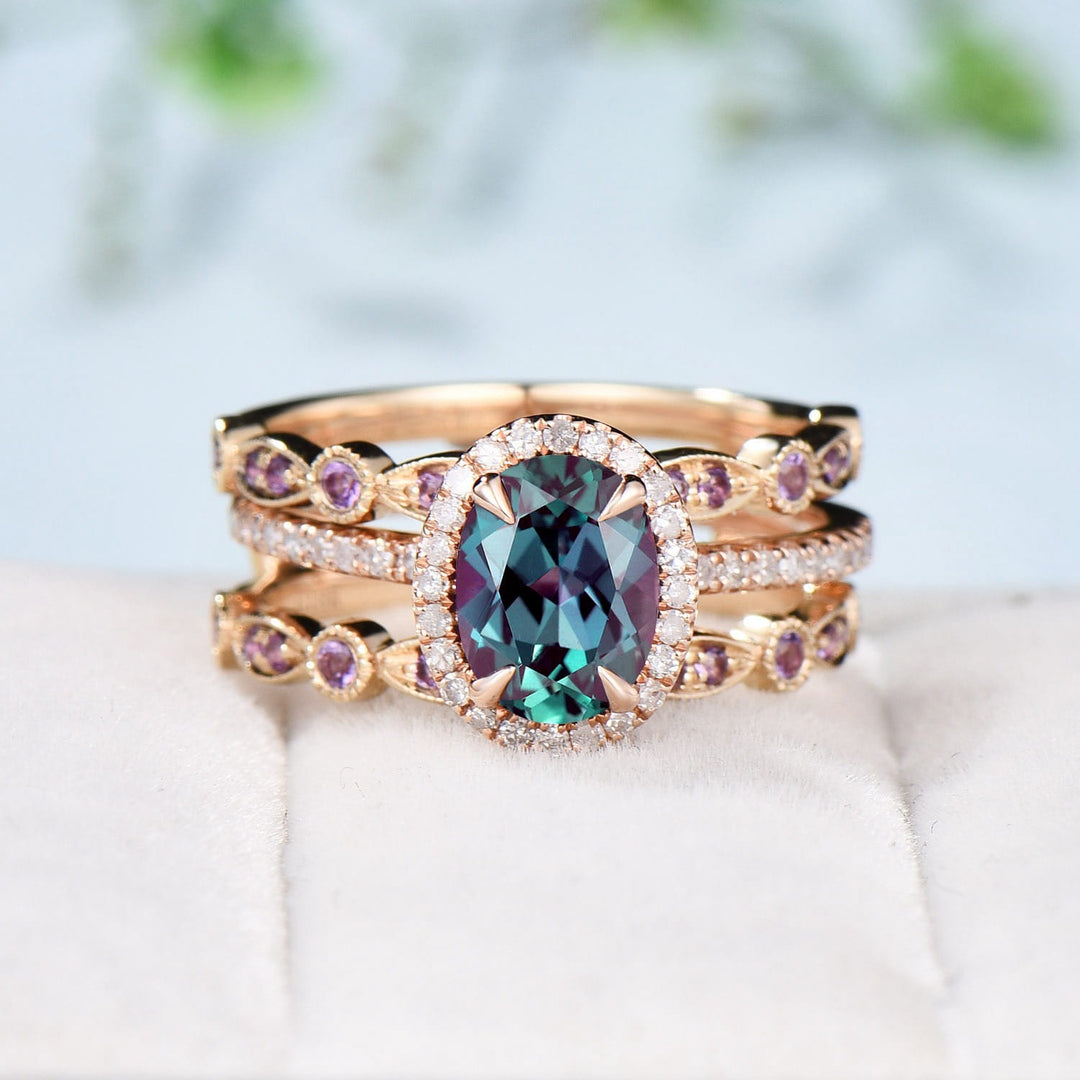 Vintage alexandrite engagement ring set Unique 14k rose gold halo diamond wedding ring set antique amethyst double stacking band bridal set - PENFINE