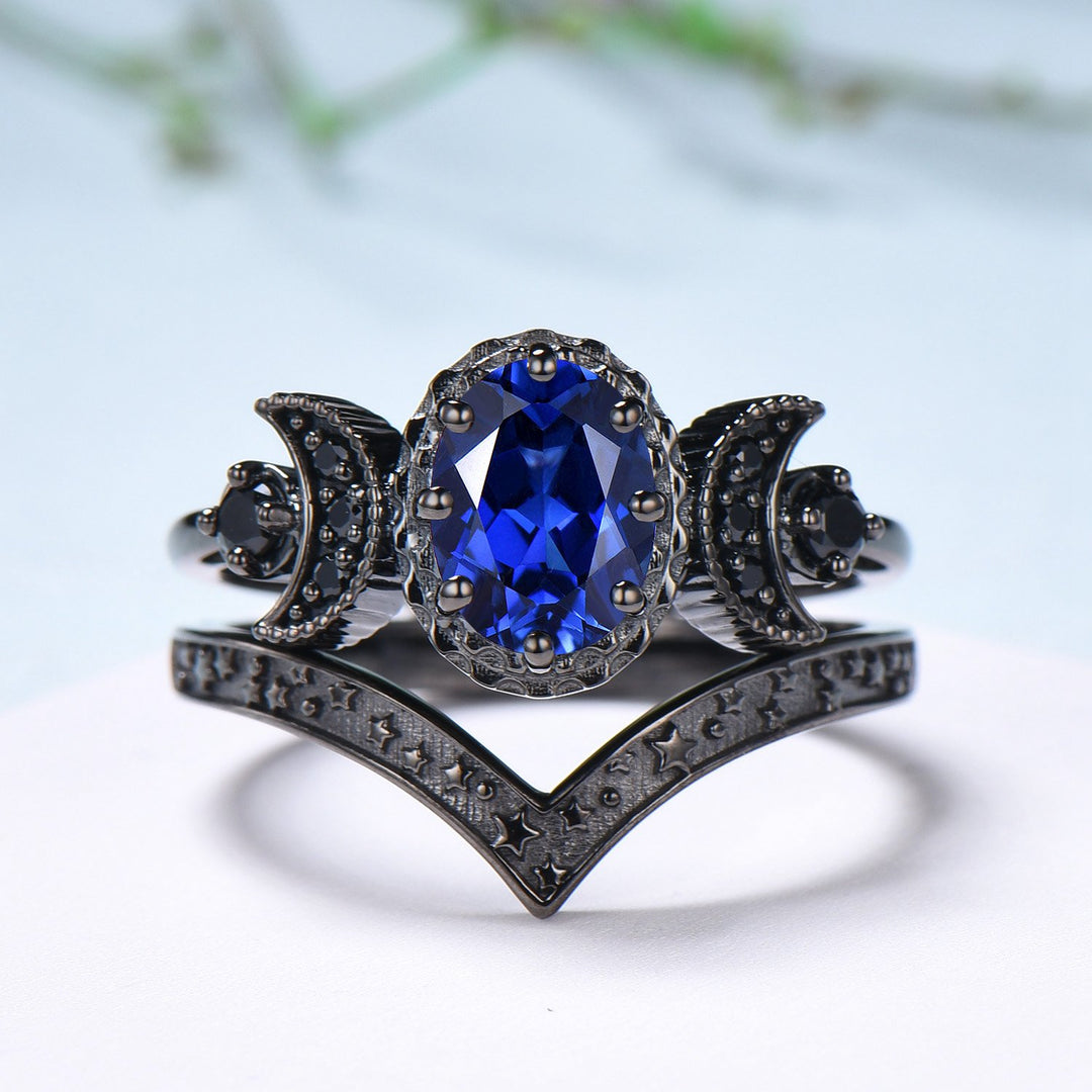 Unique moon star ring Oval blue sapphire wedding ring set Black gold gothic engagement ring set crescent moon sapphire bridal set for women - PENFINE