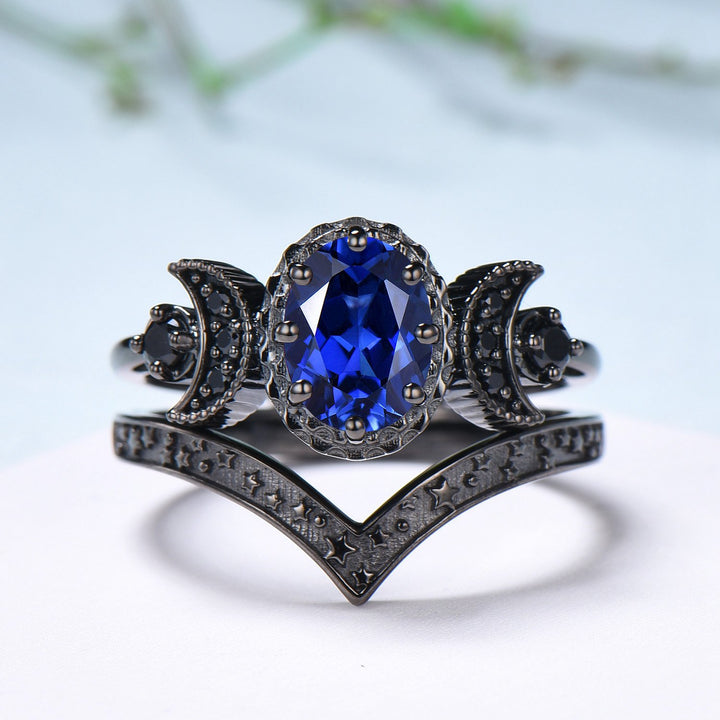 Unique moon star ring Oval blue sapphire wedding ring set Black gold gothic engagement ring set crescent moon sapphire bridal set for women - PENFINE