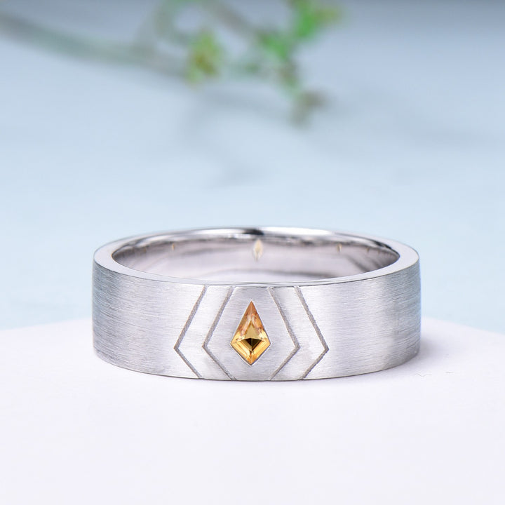 6mm Brushed Finished Men's Wedding Ring Kite Cut Citrine Wedding Band Silver White Gold Howl's Ring Sophie's Ring Matching Band Gift For Men - PENFINE