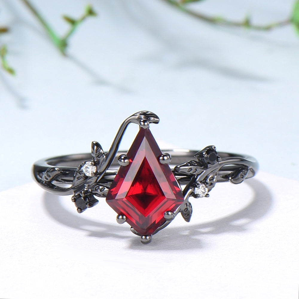 Unique gothic kite cut ruby engagement ring set black gold cluster engagement ring leaf branch nature inspired marquise ruby wedding set - PENFINE