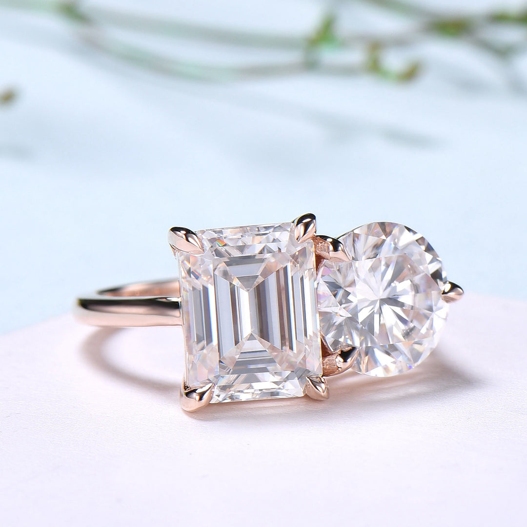 Two stone moissanite engagement ring 14k rose gold emerald round moisaanite plain rose gold wedding ring minimalist anniversary bridal gifts - PENFINE