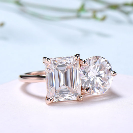 Two stone moissanite engagement ring 14k rose gold emerald round moisaanite plain rose gold wedding ring minimalist anniversary bridal gifts - PENFINE