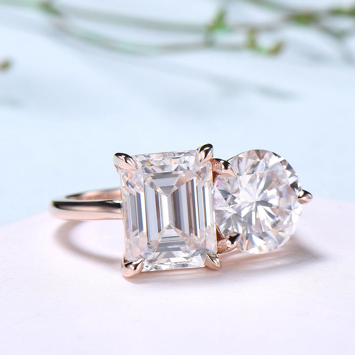 Two stone moissanite engagement ring 14k rose gold emerald round moisaanite plain rose gold wedding ring minimalist anniversary bridal gifts - PENFINE