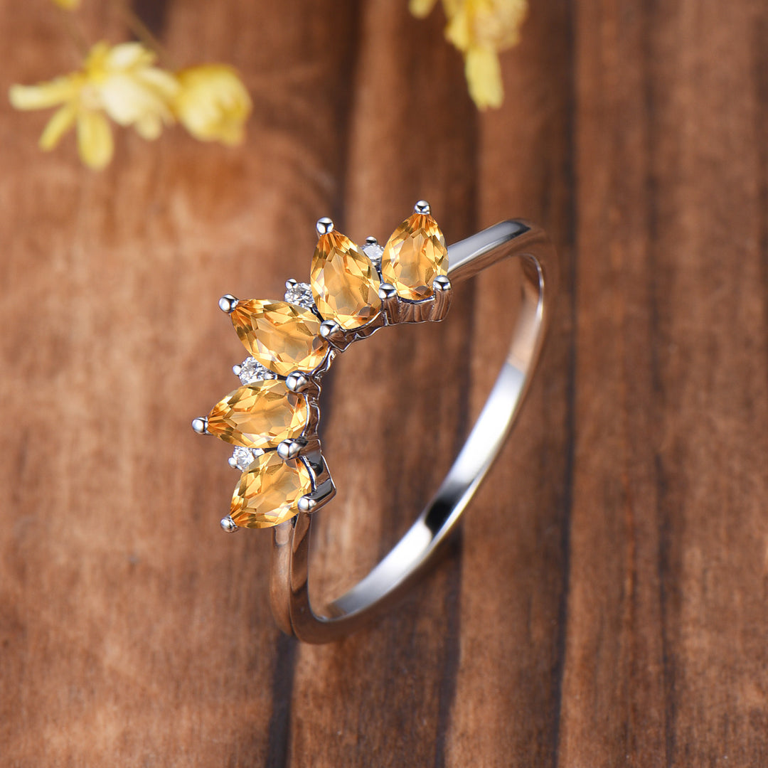 Vintage Yellow Citrine Wedding Ring, Five Stone Curved Stacking Band, 14K Rose Gold Anniversary Gift Women November Birthday Gift for Mom