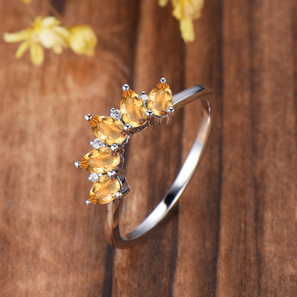 Vintage Yellow Citrine Wedding Ring, Five Stone Curved Stacking Band, 14K Rose Gold Anniversary Gift Women November Birthday Gift for Mom