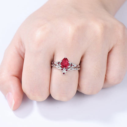 Fantasy Cut Pear Shaped Ruby Norse Viking Engagement Ring Set