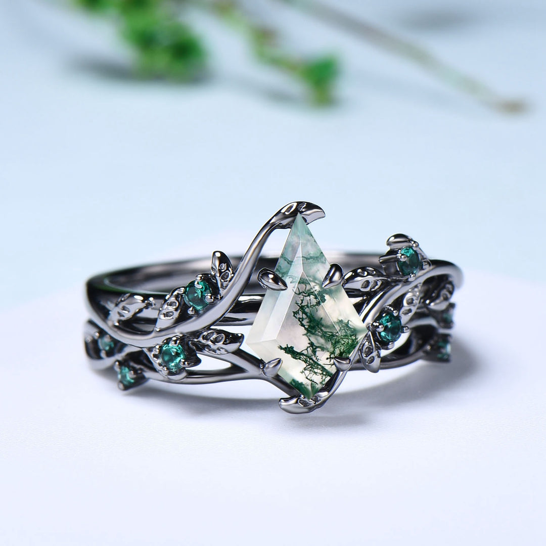 Unique black gold moss agate ring set Nature Inspired kite cut green agate engagement ring cluster emerald eye wedding ring set for women - PENFINE