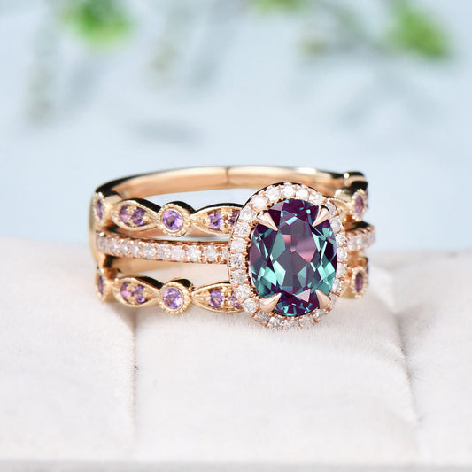 Vintage alexandrite engagement ring set Unique 14k rose gold halo diamond wedding ring set antique amethyst double stacking band bridal set - PENFINE