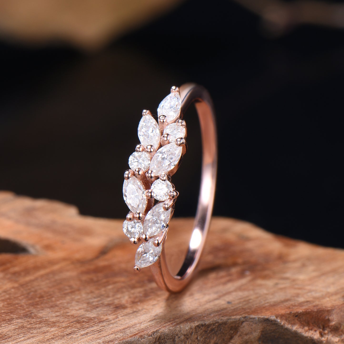 Vintage Moissanite Wedding Ring Art Deco 14k Solid Rose Gold Marquise Cut Moissanite Wedding Band Cluster Promise Ring - PENFINE