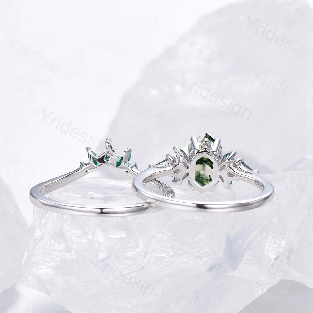 Hexagon Moss Agate Emerald Engagement Ring Set | Green Marquise & Curved Band - PENFINE