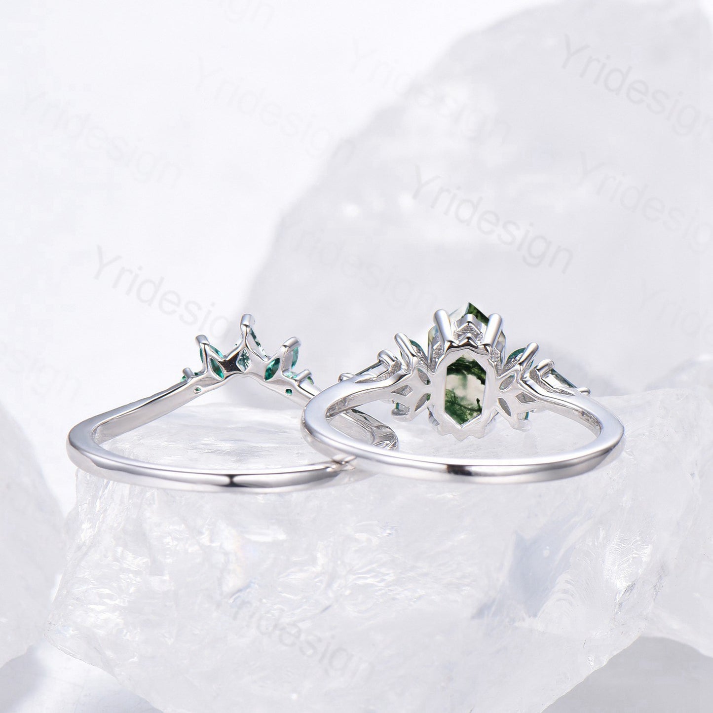 Hexagon Moss Agate Emerald Engagement Ring Set | Green Marquise & Curved Band - PENFINE