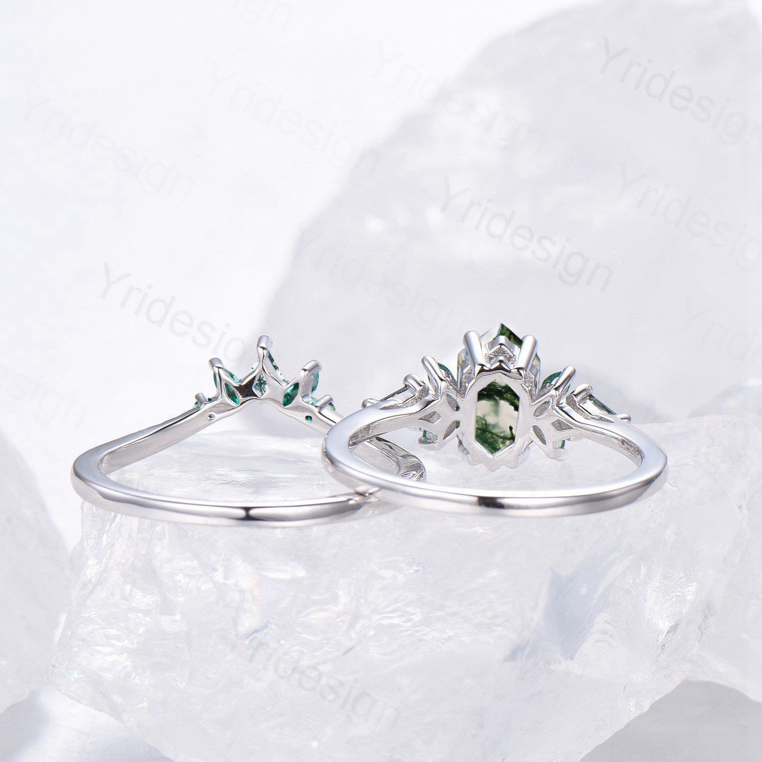Hexagon Moss Agate Emerald Engagement Ring Set | Green Marquise & Curved Band - PENFINE