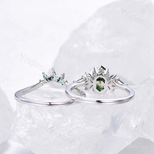 Hexagon Moss Agate Emerald Engagement Ring Set | Green Marquise & Curved Band - PENFINE