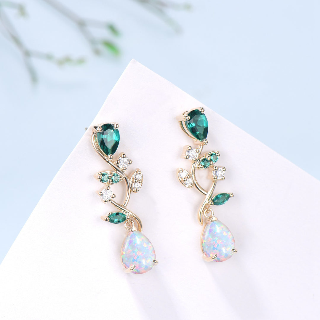 Nature Inspired Pear Shaped White Opal Earrings Emerald Fire Opal Leaf Stud Earrings Silver Earrings Handmade Anniversary Promise Gift - PENFINE