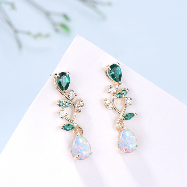 Nature Inspired Pear Shaped White Opal Earrings Emerald Fire Opal Leaf Stud Earrings Silver Earrings Handmade Anniversary Promise Gift - PENFINE