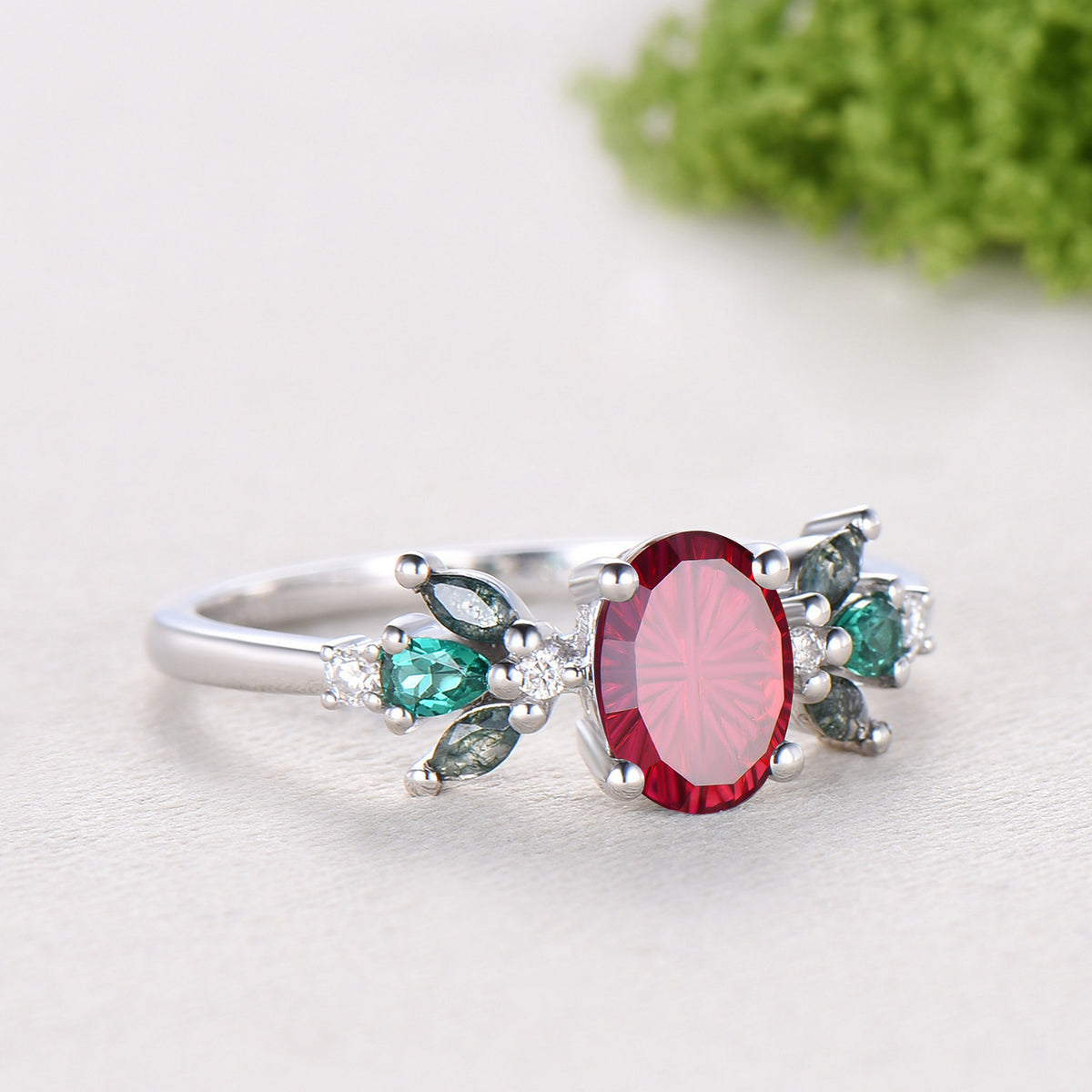 Oval Shaped Fantasy Cut Ruby Cluster Engagement Ring Green Moss Agate Emerald Accent Ring
