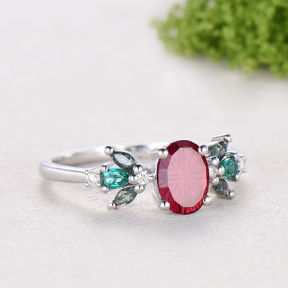 Oval Shaped Fantasy Cut Ruby Cluster Engagement Ring Green Moss Agate Emerald Accent Ring