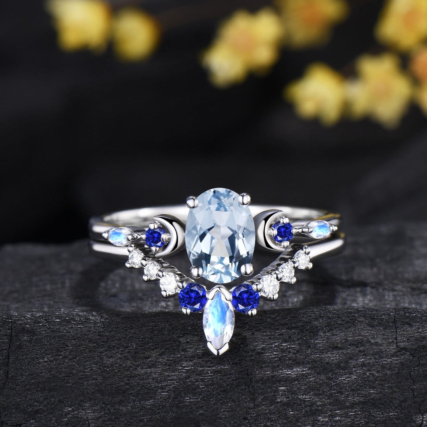 Oval Cut Natural Aquamarine Moon Celestial Ring Set Sapphire Moonstone White Gold Matching Band