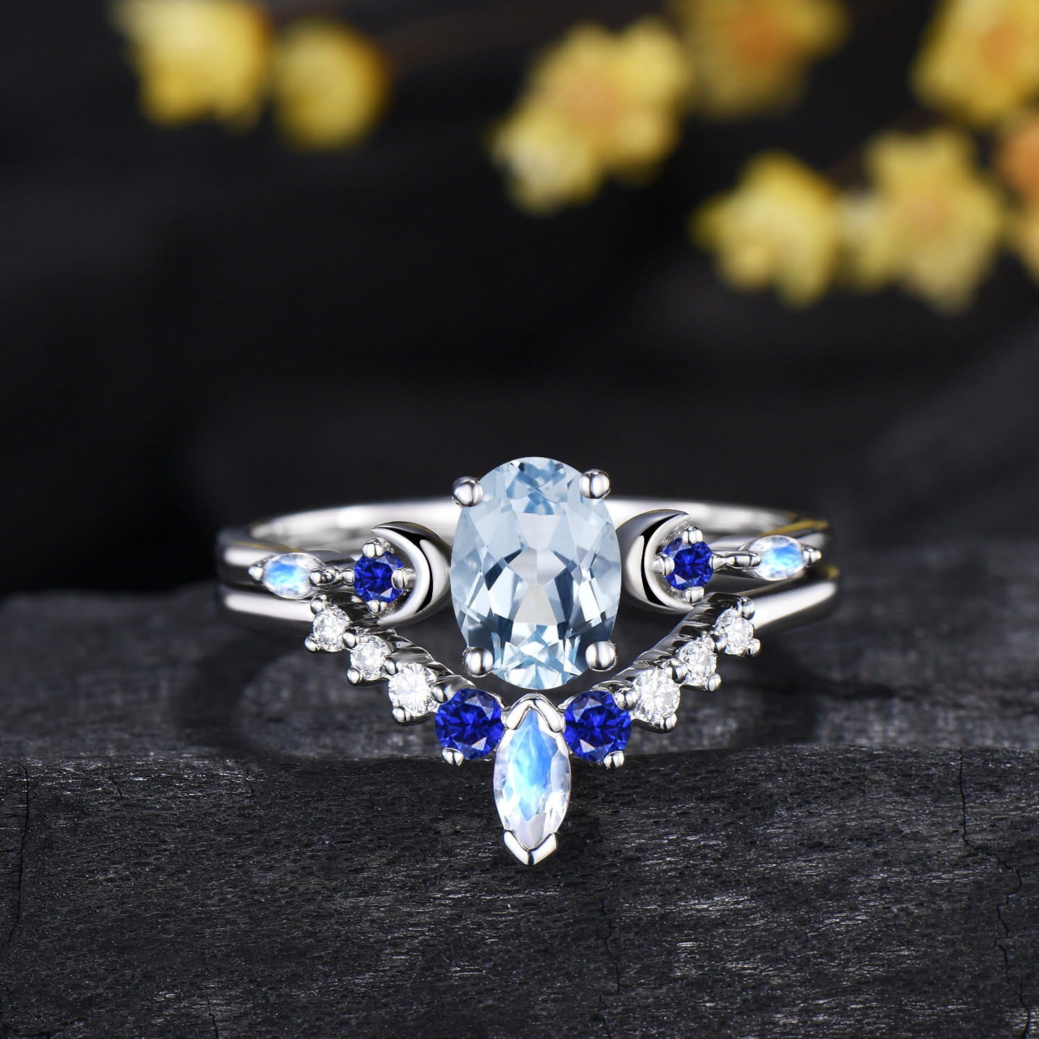 Oval Cut Natural Aquamarine Moon Celestial Ring Set Sapphire Moonstone White Gold Matching Band