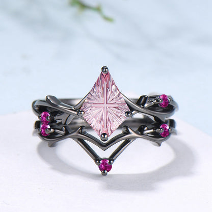 Art Deco Kite Starburst Cut Padparadscha Engagement Ring Set, Black Gold Cluster Pink Touramaline Bridal Wedding Set Branch Leaf Vine Jewelry