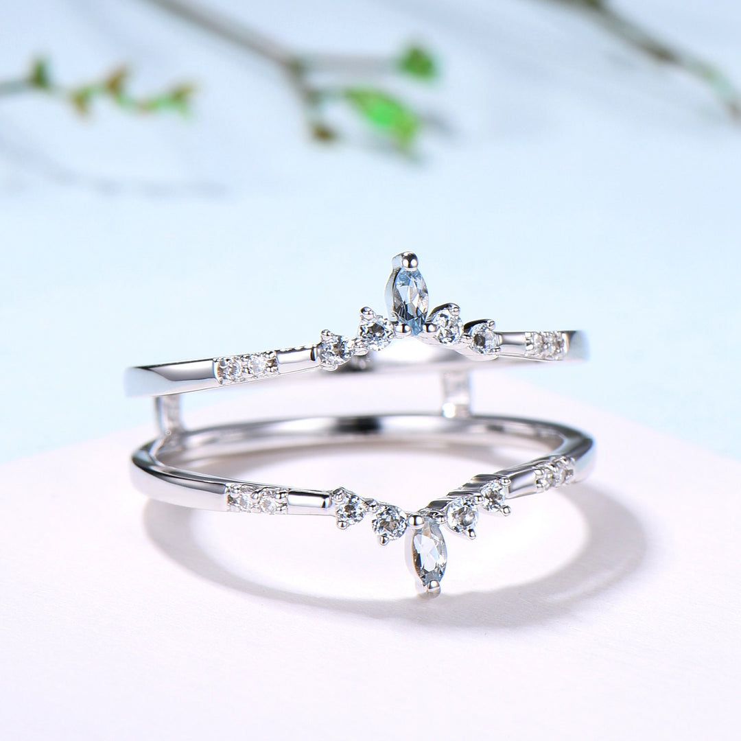 Aquamarine Curved Wedding Band Enhancer, White Gold Nesting Ring Jacket - PENFINE