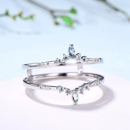 Aquamarine Curved Wedding Band Enhancer, White Gold Nesting Ring Jacket - PENFINE