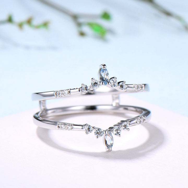 Aquamarine Curved Wedding Band Enhancer, White Gold Nesting Ring Jacket - PENFINE