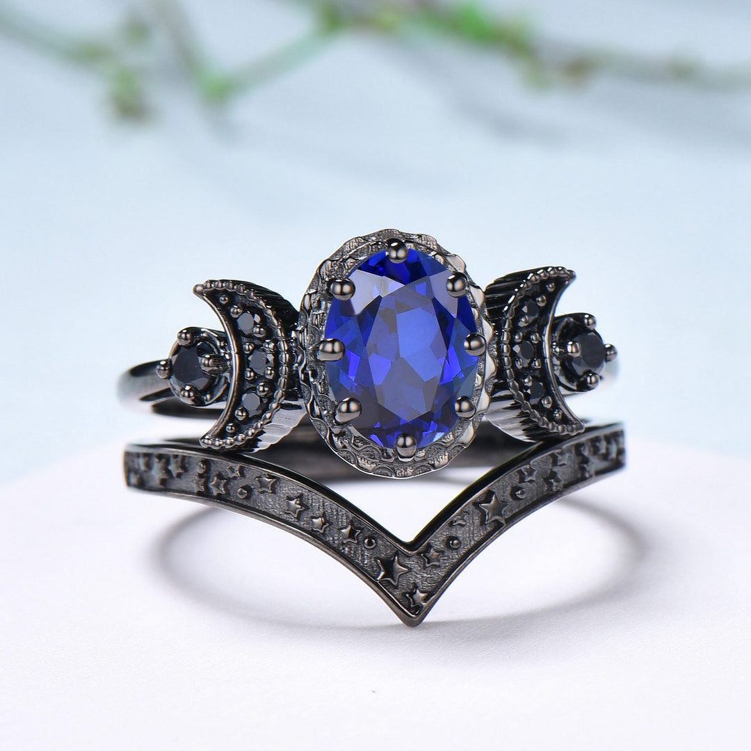 Unique moon star ring Oval blue sapphire wedding ring set Black gold gothic engagement ring set crescent moon sapphire bridal set for women - PENFINE