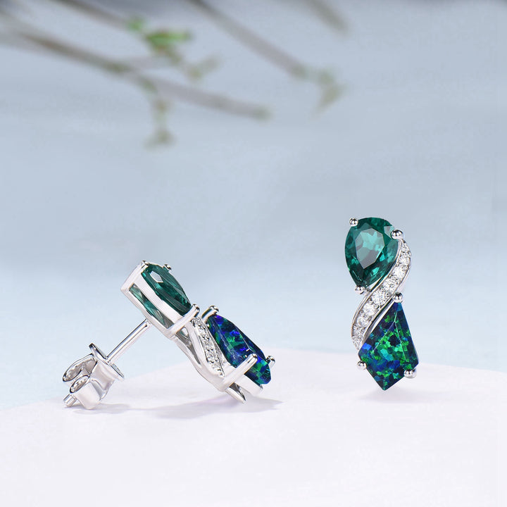 Kite Black Opal & Pear Emerald White Gold Earrings Leaf Vine Twig Moissanite Diamond Studs - PENFINE