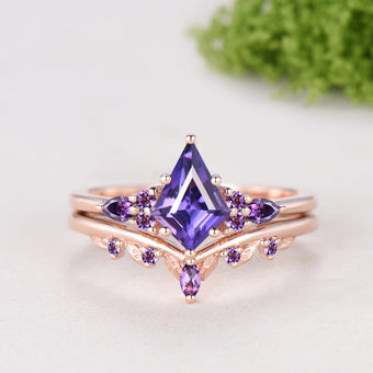 Kite Cut Purple Sapphire Engagement Ring Amethyst Leaf Nature Inspired Bridal Set