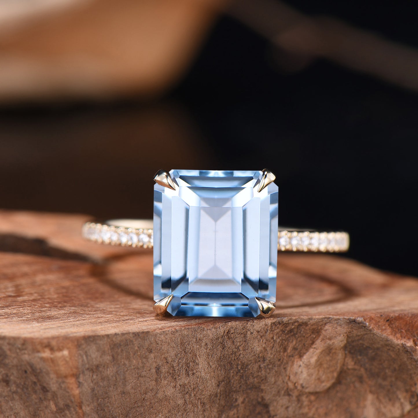 Emerald Cut Aquamarine Bridal Ring Set, Diamond Wedding Band, 14K Gold