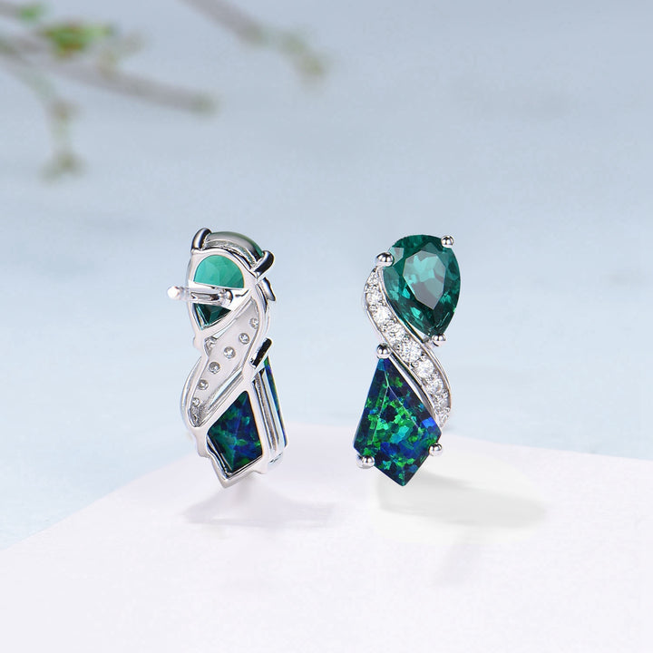 Kite Black Opal & Pear Emerald White Gold Earrings Leaf Vine Twig Moissanite Diamond Studs - PENFINE
