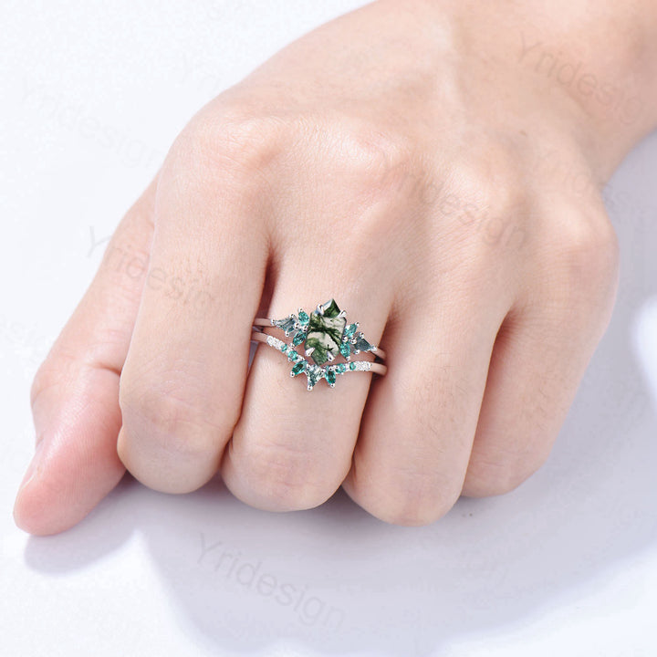 Hexagon Moss Agate Emerald Engagement Ring Set | Green Marquise & Curved Band - PENFINE