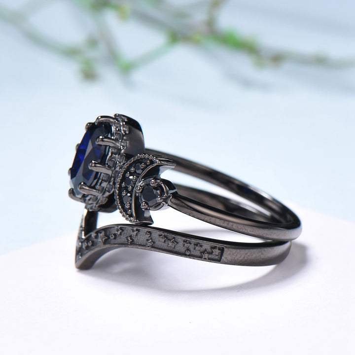 Unique moon star ring Oval blue sapphire wedding ring set Black gold gothic engagement ring set crescent moon sapphire bridal set for women - PENFINE