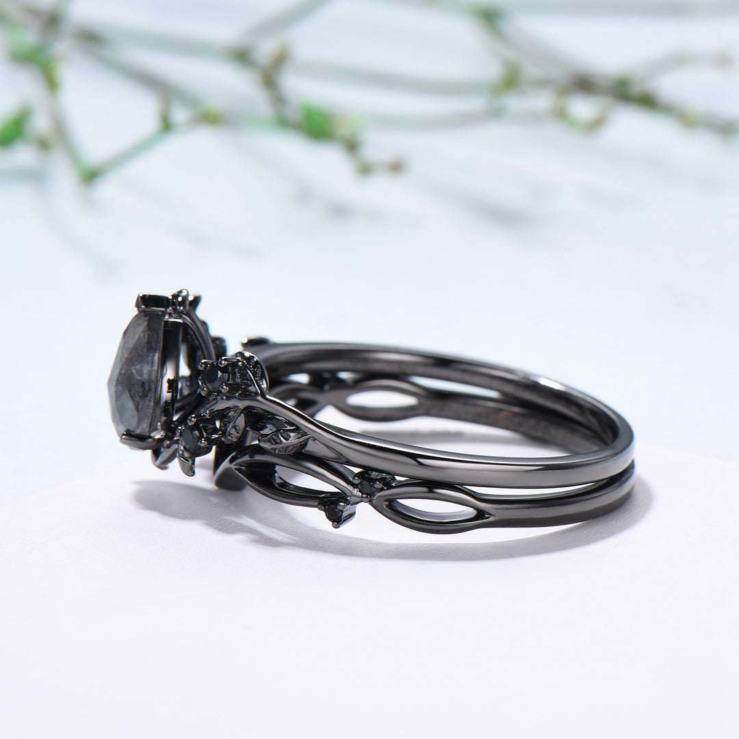 Elegant Black Gold salt pepper diamond engagement ring natural inspired pear shaped twig vine pepper diamond unique leaf vine bridal set - PENFINE