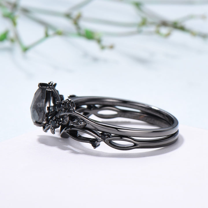 Elegant Black Gold salt pepper diamond engagement ring natural inspired pear shaped twig vine pepper diamond unique leaf vine bridal set - PENFINE